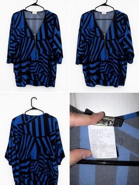 Blue & Black Geometric Zip-Front Blouse